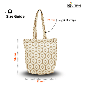 Tote bag with pattern and size guide showing height