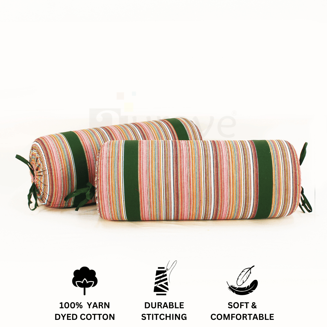 Multicolor Stripes Woven Cotton 2 Pcs Bolster Cover set - Bottle Green