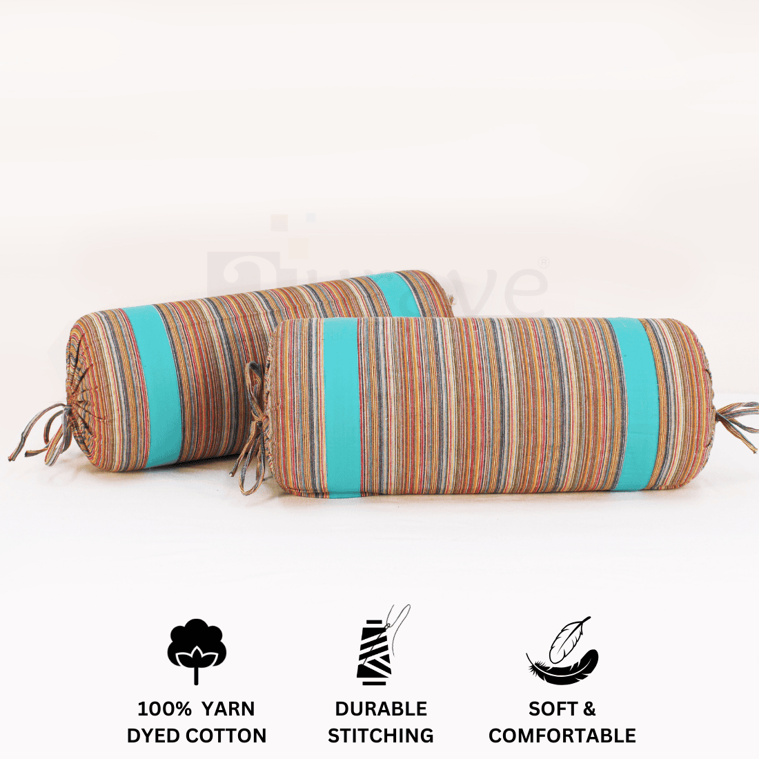 Multicolor Stripes Woven Cotton 2 Pcs Bolster Cover set - Aqua