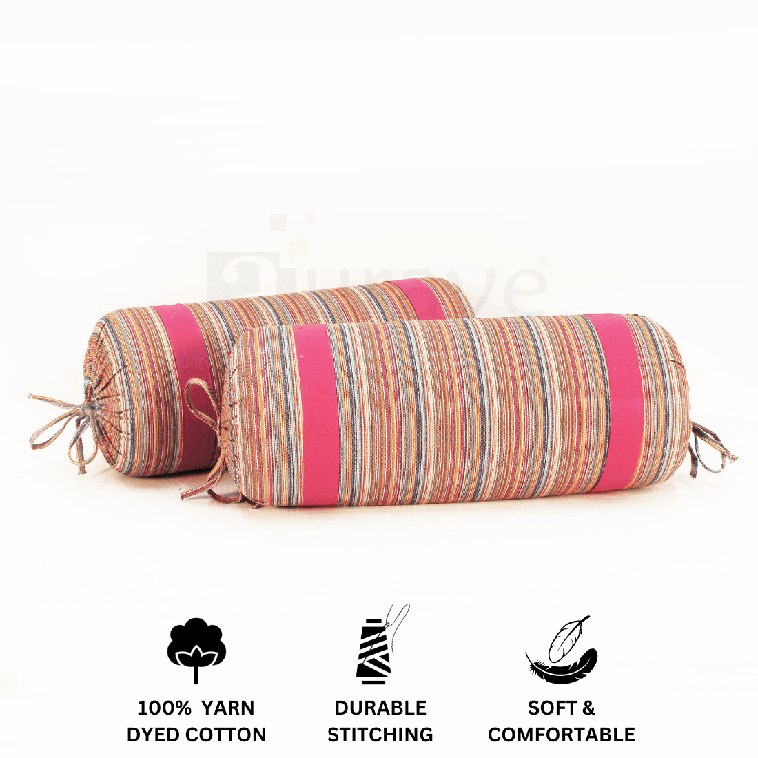 Multicolor Stripes Woven Cotton 2 Pcs Bolster Cover set - Magenta