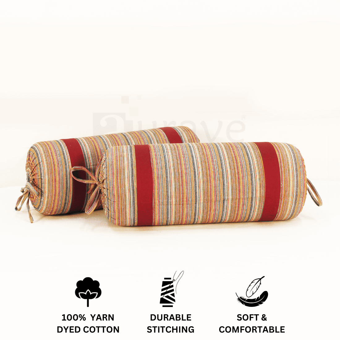 Multicolor Stripes Woven Cotton 2 Pcs Bolster Cover set - Maroon