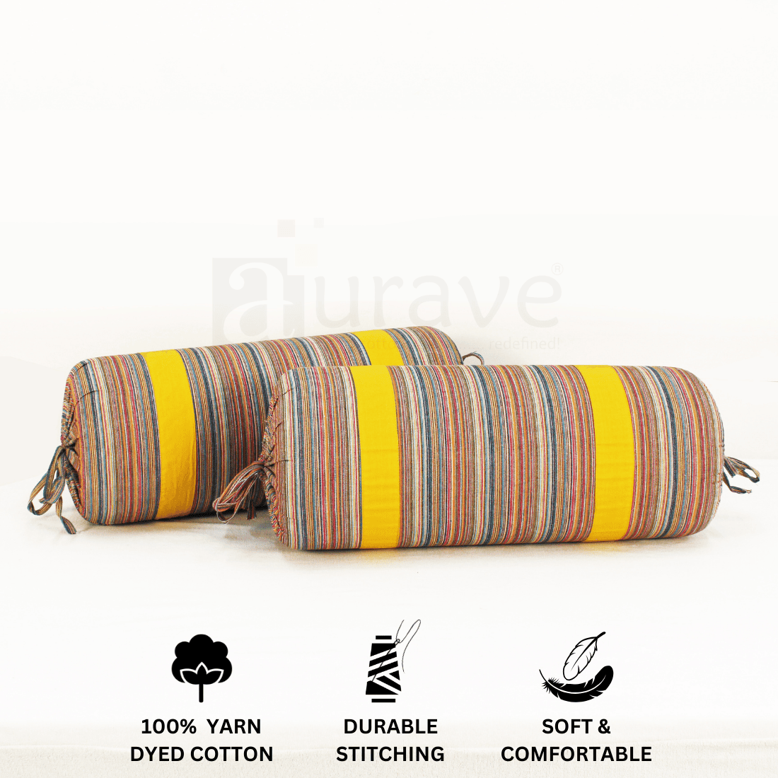 Multicolor Stripes Woven Cotton 2 Pcs Bolster Cover set - Mustard