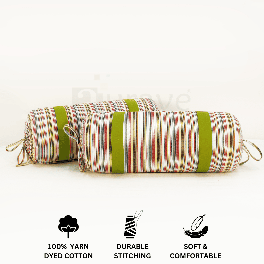 Multicolor Stripes Woven Cotton 2 Pcs Bolster Cover set - Green
