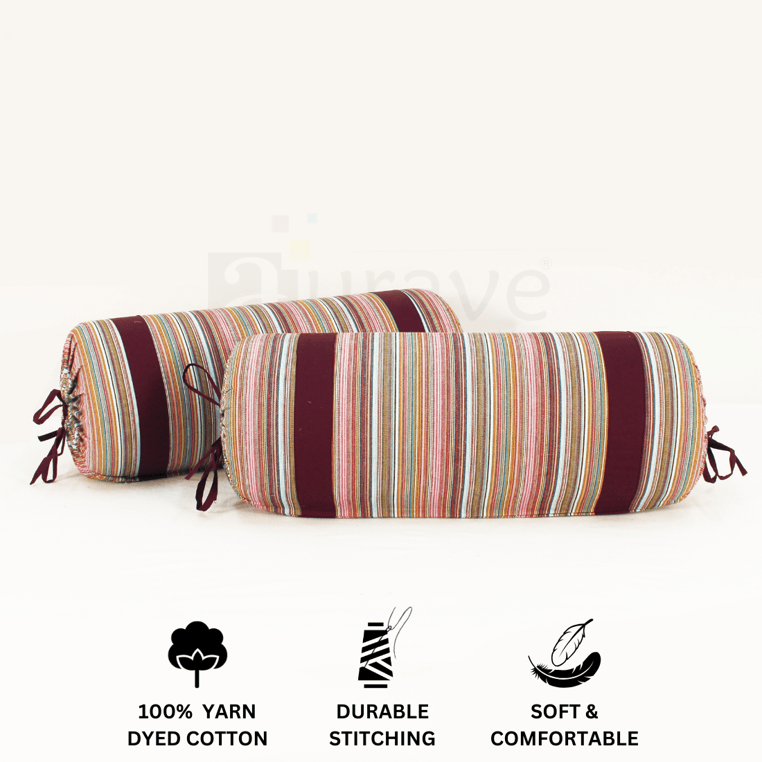 Multicolor Stripes Woven Cotton 2 Pcs Bolster Cover set - Burgundy