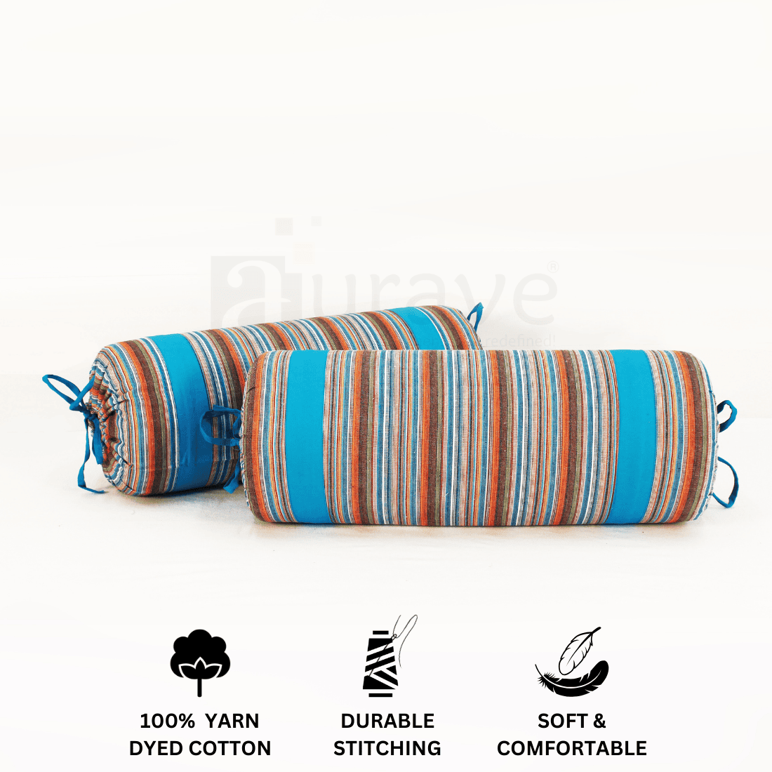 Multicolor Stripes Woven Cotton 2 Pcs Bolster Cover set - Blue