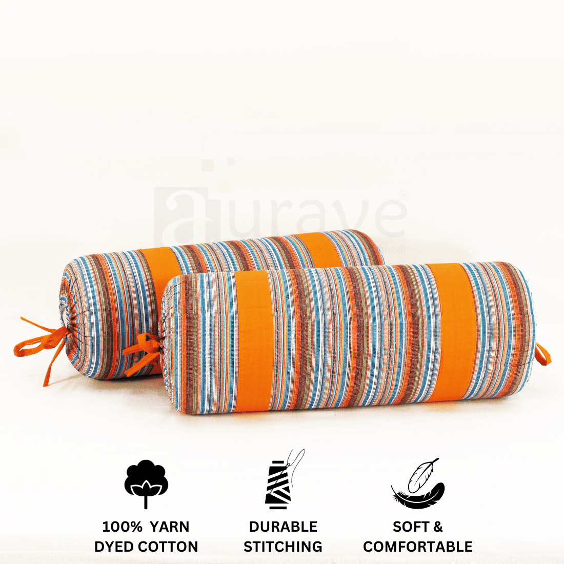 Multicolor Stripes Woven Cotton 2 Pcs Bolster Cover set - Orange