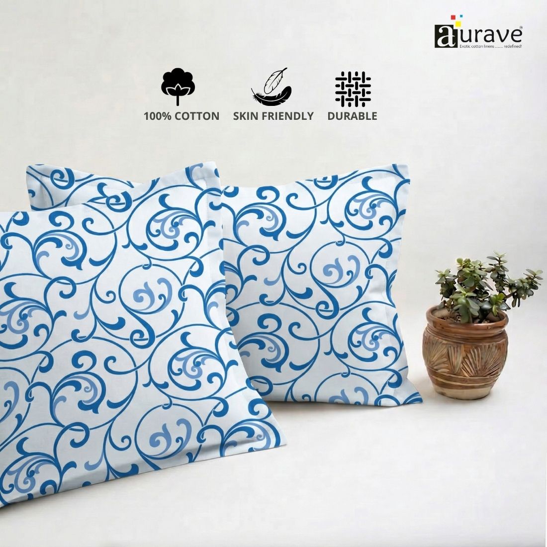 Printed Floral 2 Pcs Cotton Pillow Cover Set - Blue