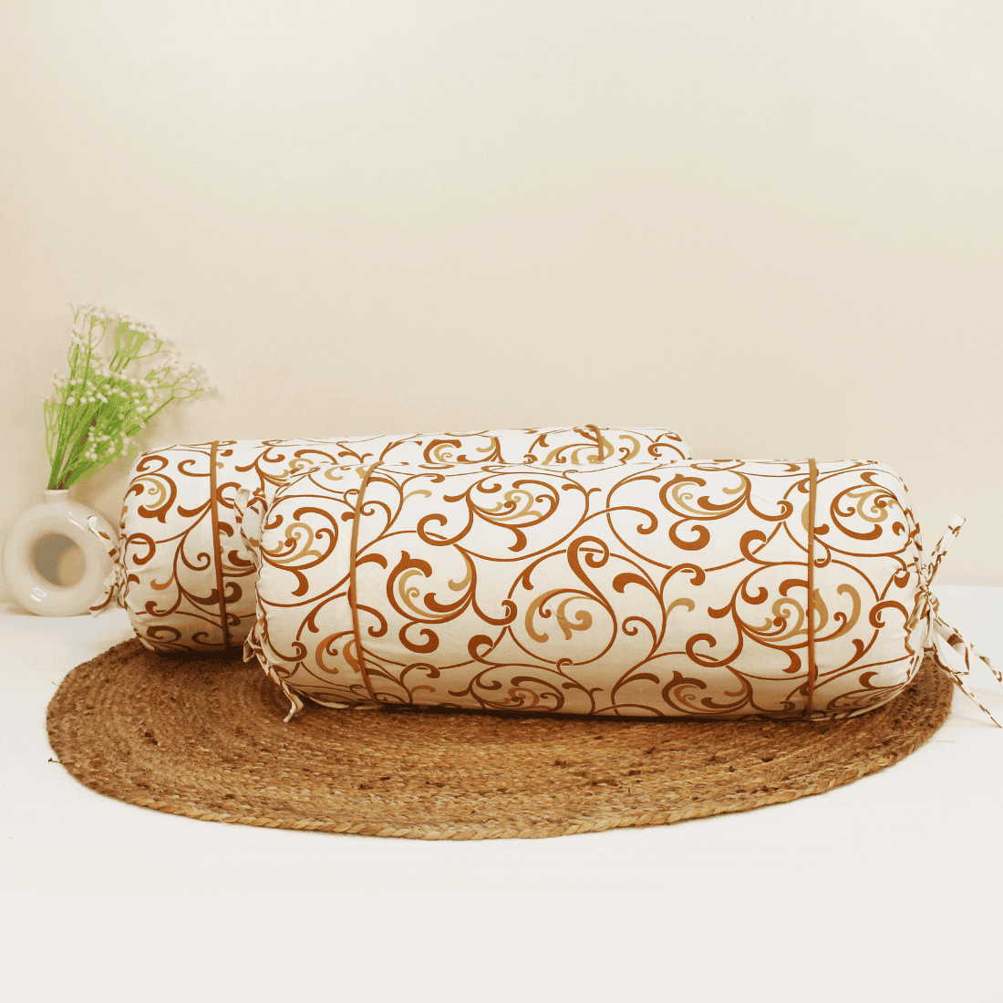 Printed Floral Cotton 2 Pcs Bolster Cover set - Mustard