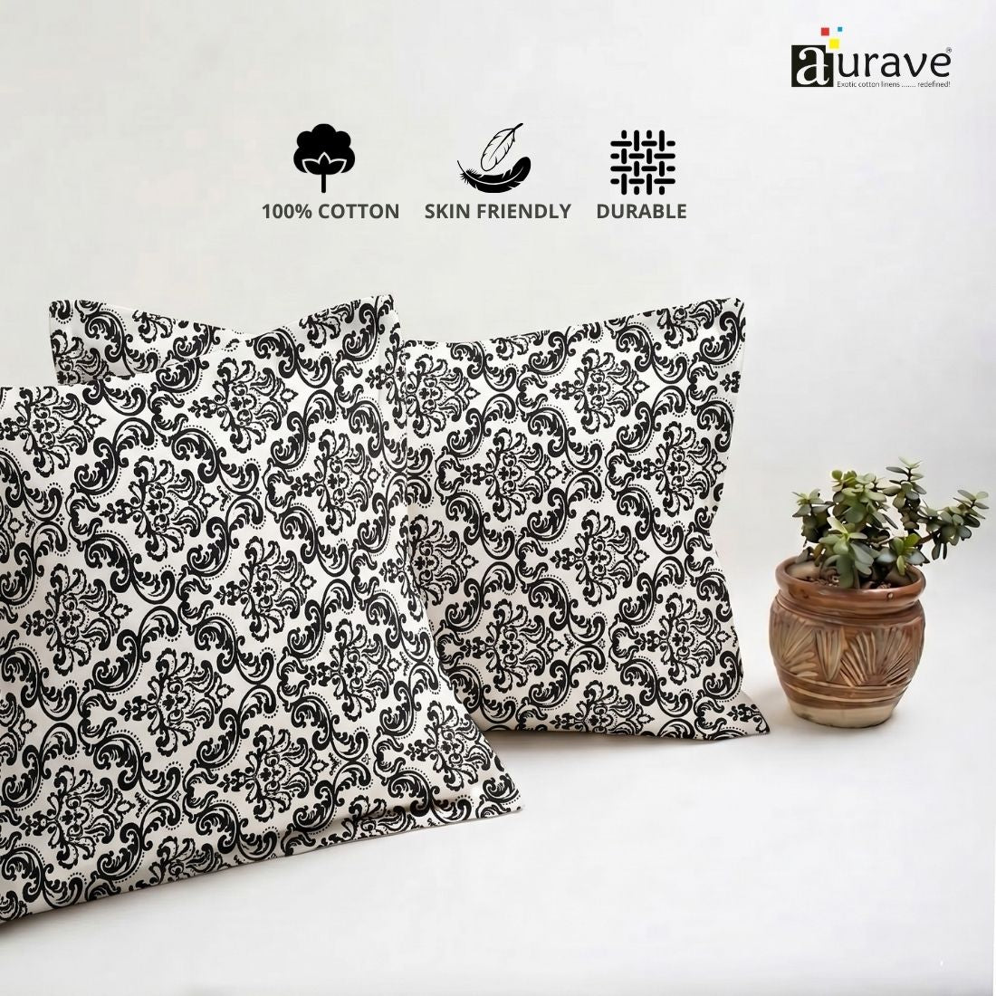 Printed Damask 2 Pcs Cotton Pillow Cover Set - Black