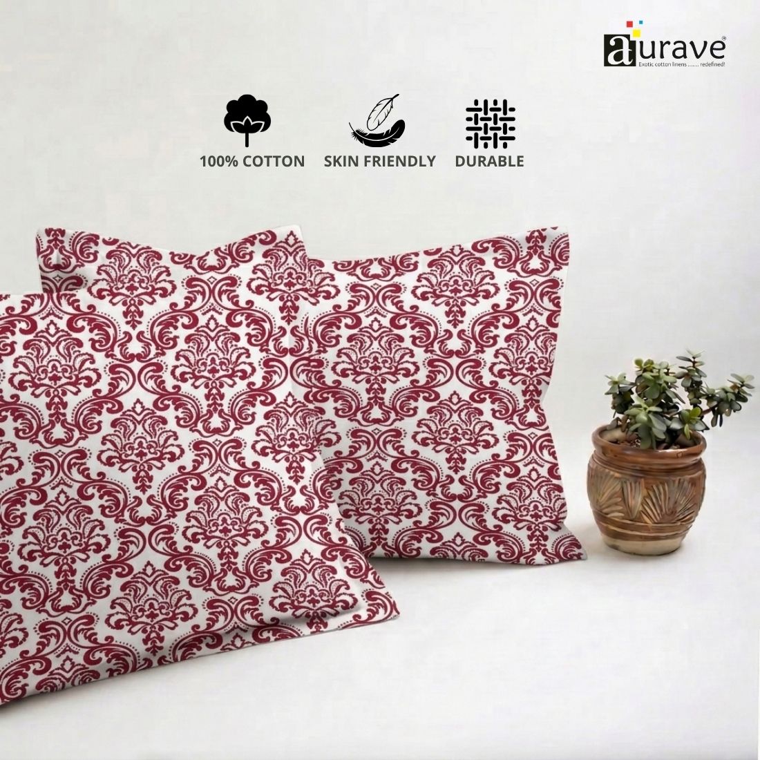 Printed Damask 2 Pcs Cotton Pillow Cover Set - Maroon