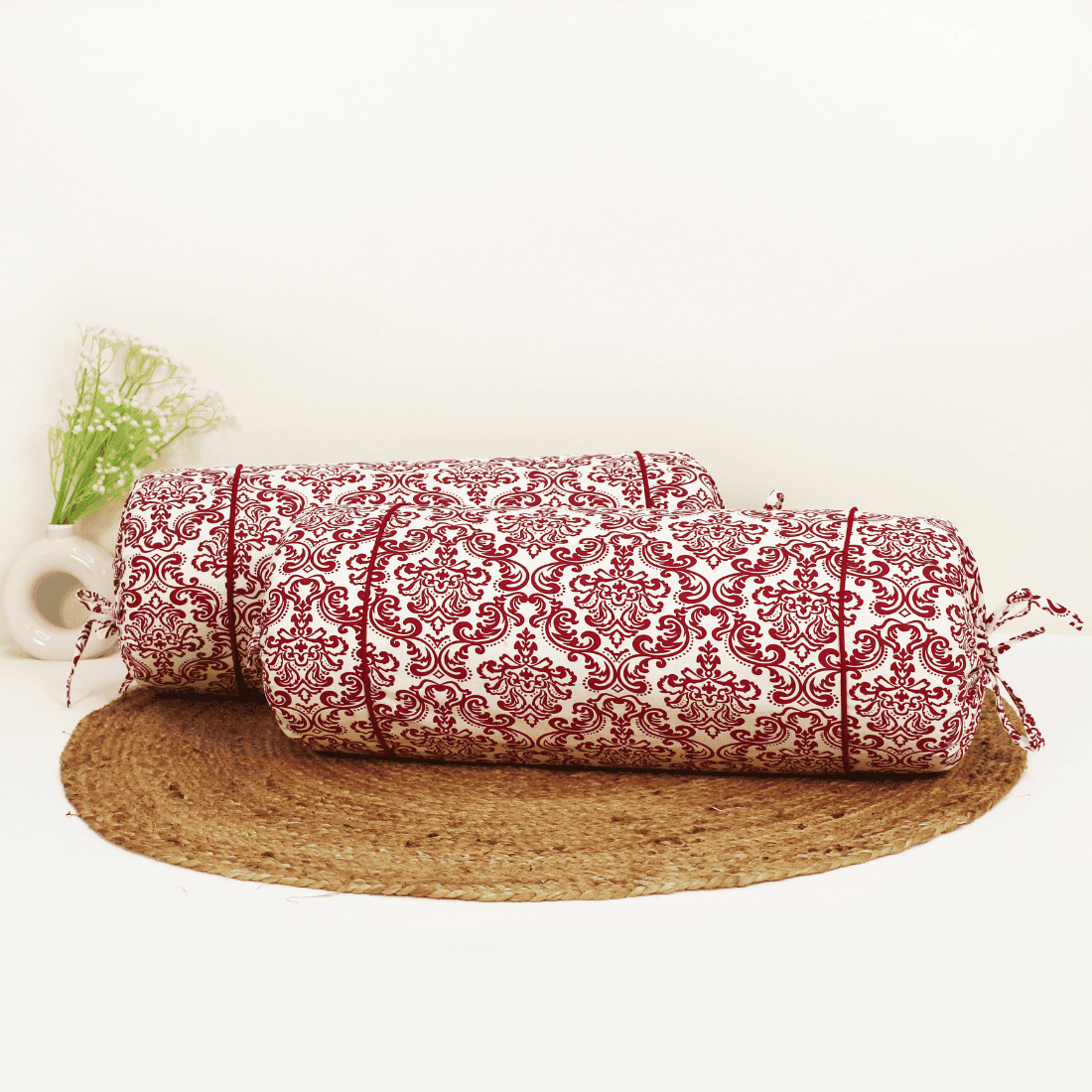 Printed Damask 2 Pcs Cotton Bolster Cover set - Maroon