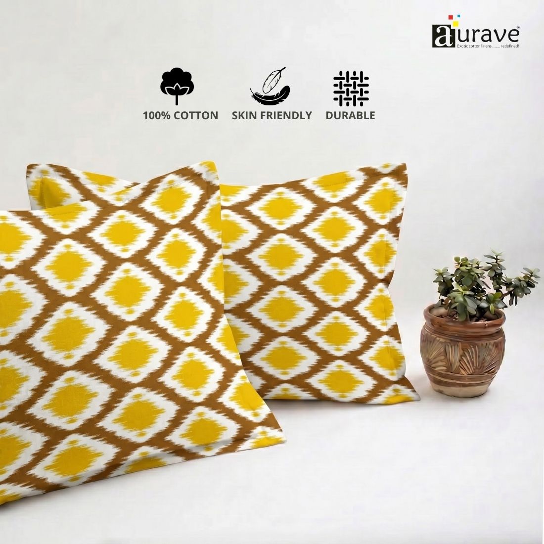 Printed Ikat 2 Pcs Cotton Pillow Cover Set - Mustard