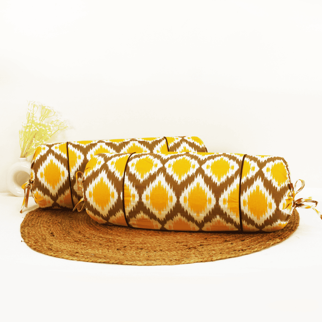 Printed Ikat Cotton 2 Pcs Bolster Cover set - Mustard