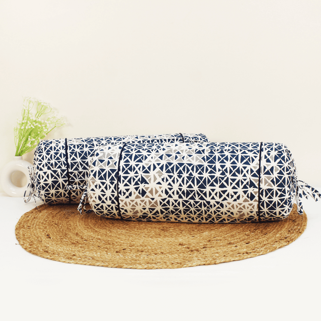 Printed Geometrical Cotton 2 Pcs Bolster Cover set - Blue
