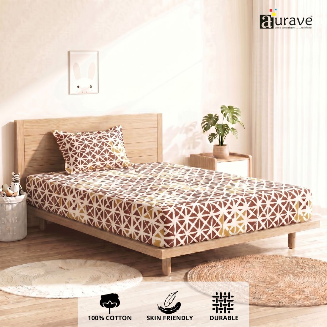 Printed Cotton Geometrical 144 TC Bedsheet with Pillow Covers - Brown