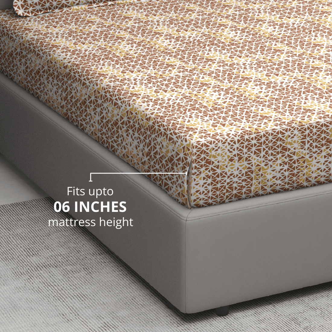 Printed Geometrical Cotton 144 TC Fitted Bedsheet with Pillow Covers - Brown