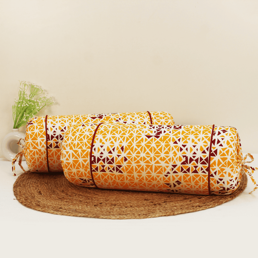 Printed Geometrical Cotton 2 Pcs Bolster Cover set - Mustard