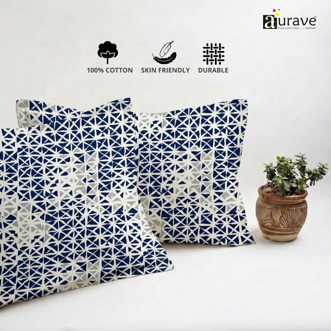 Printed Geometrical 2 Pcs Cotton Pillow Cover Set - Blue