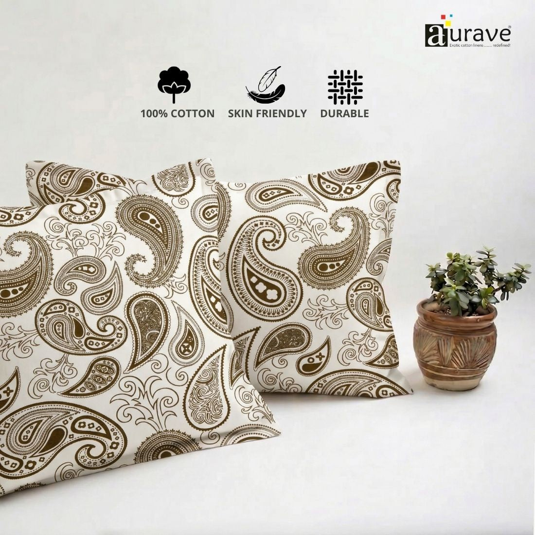 Printed Paisley 2 Pcs Cotton Pillow Cover Set - Brown