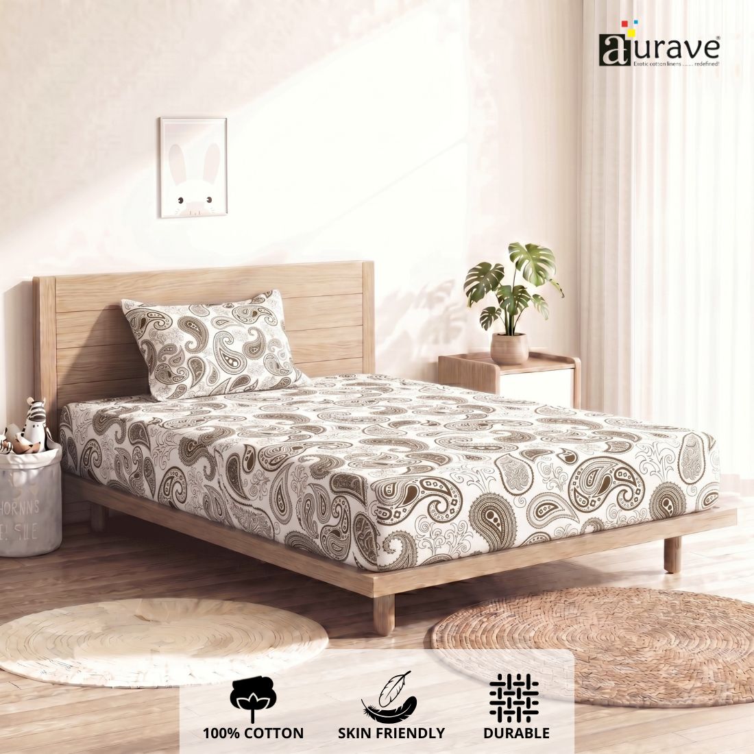Printed Cotton Paisely 144 TC Bedsheet with Pillow Covers - Brown