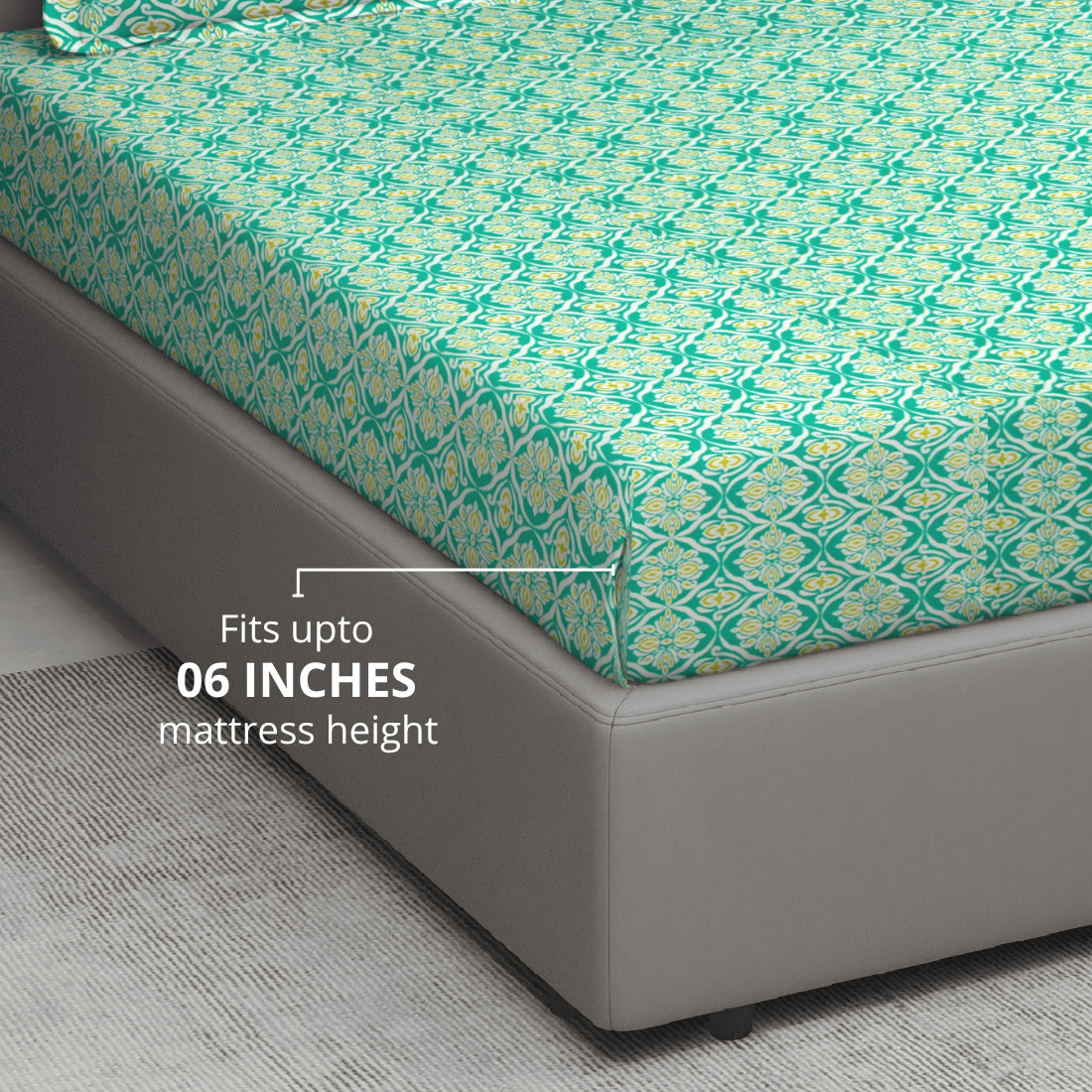 Printed Ikat Cotton 144 TC Fitted Bedsheet with Pillow Covers - Aqua Green