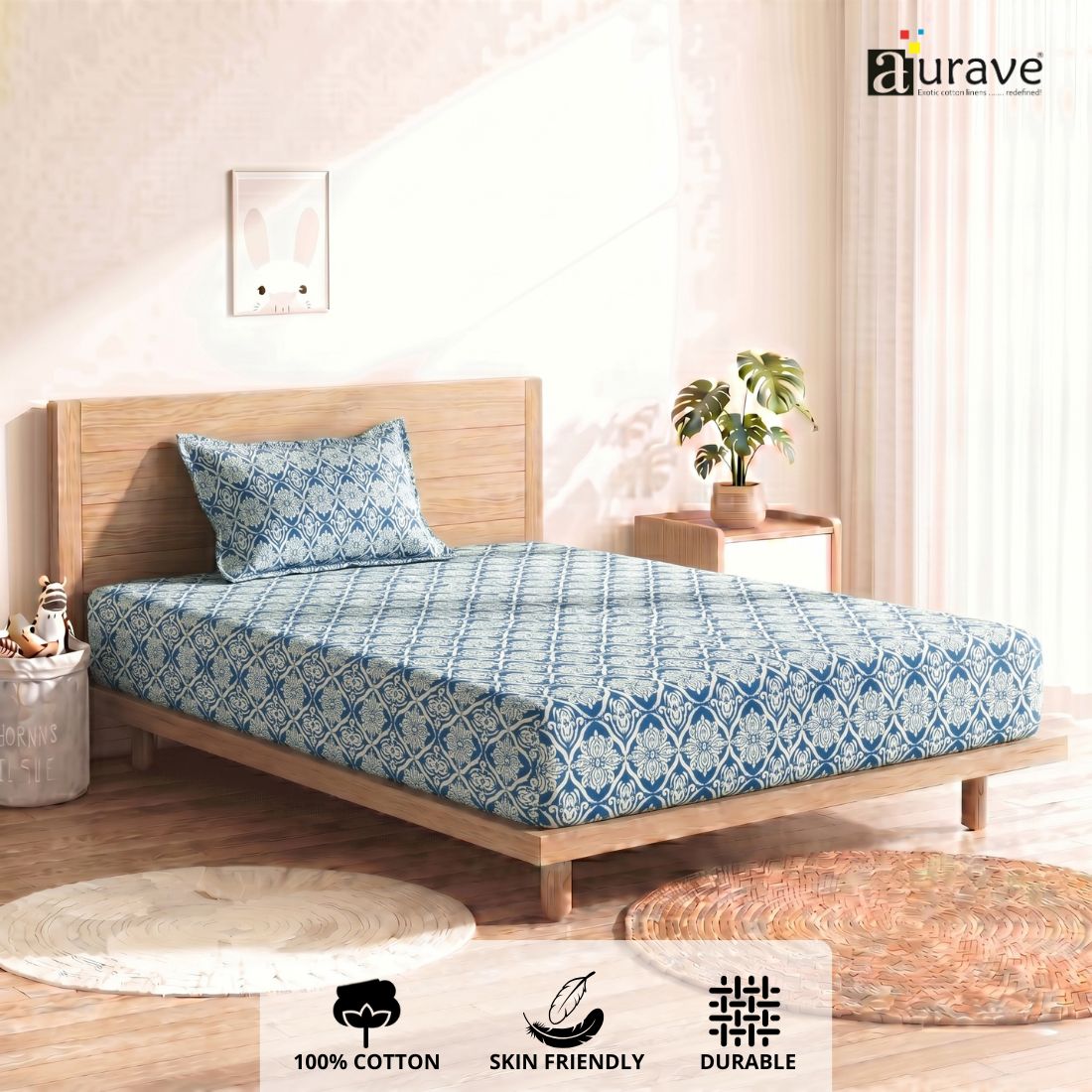 Printed Cotton Ikat 144 TC Bedsheet with Pillow Covers - Navy Blue