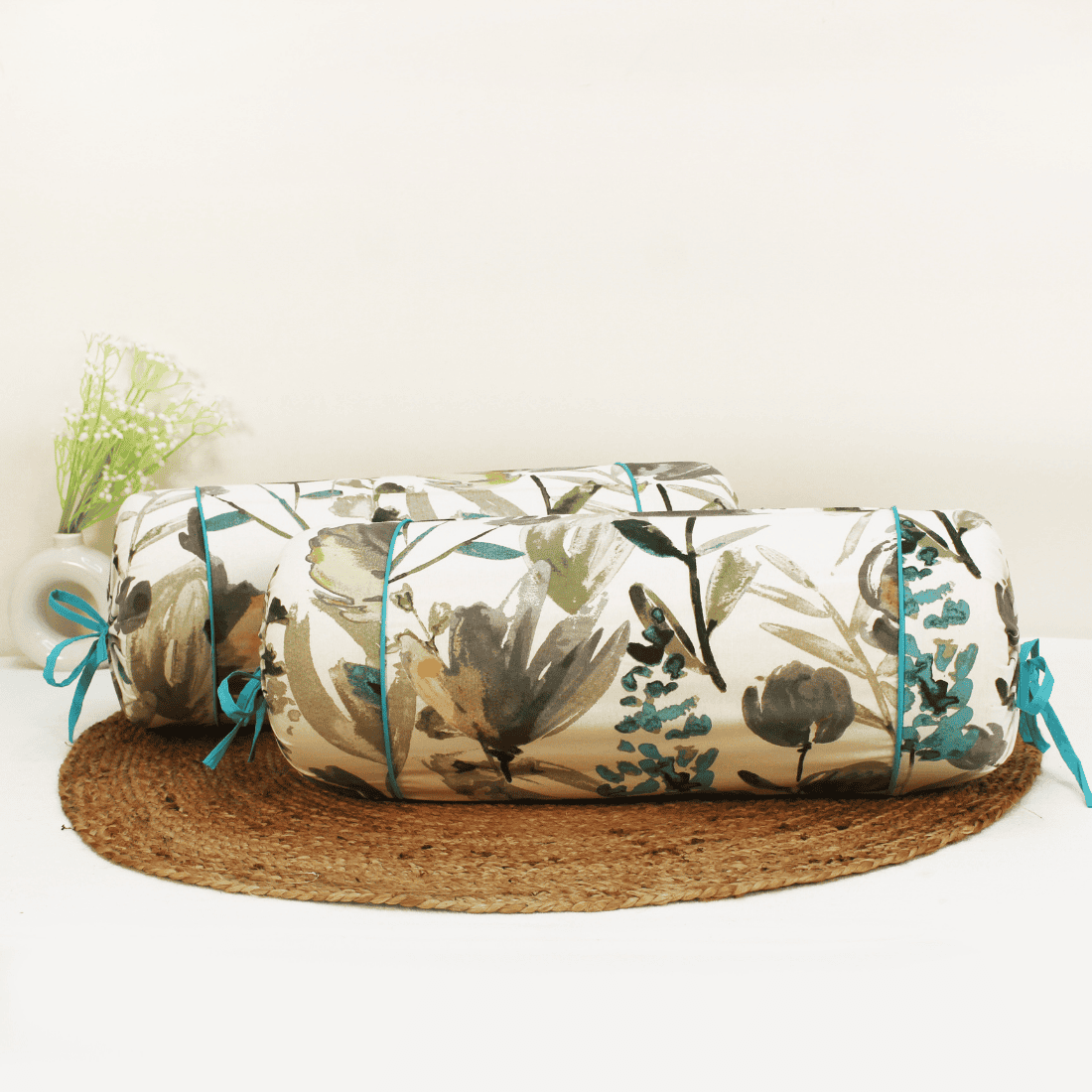 Printed Floral Cotton 2 Pcs Bolster Cover set - Aqua