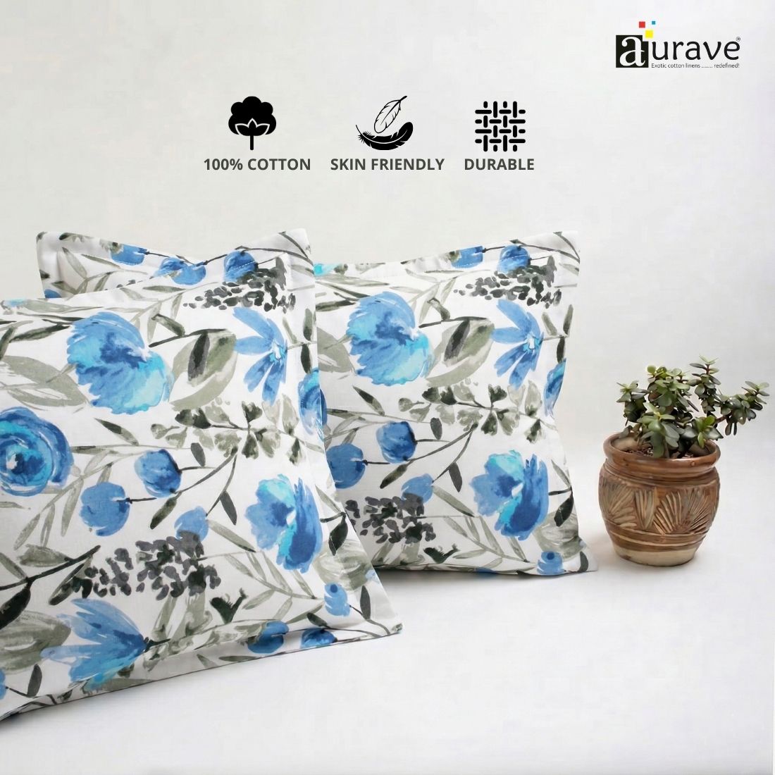 Printed Floral 2 Pcs Cotton Pillow Cover Set - Blue