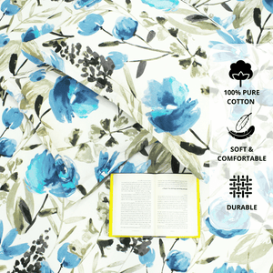 Close up Printed Floral Cotton 144 TC Fitted Bedsheet with Pillow Covers - Blue