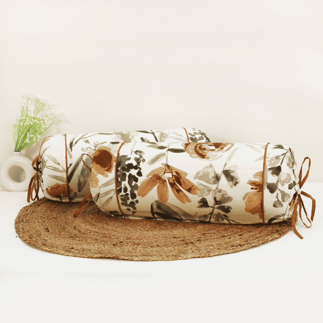 Printed Floral Cotton 2 Pcs Bolster Cover set - Brown