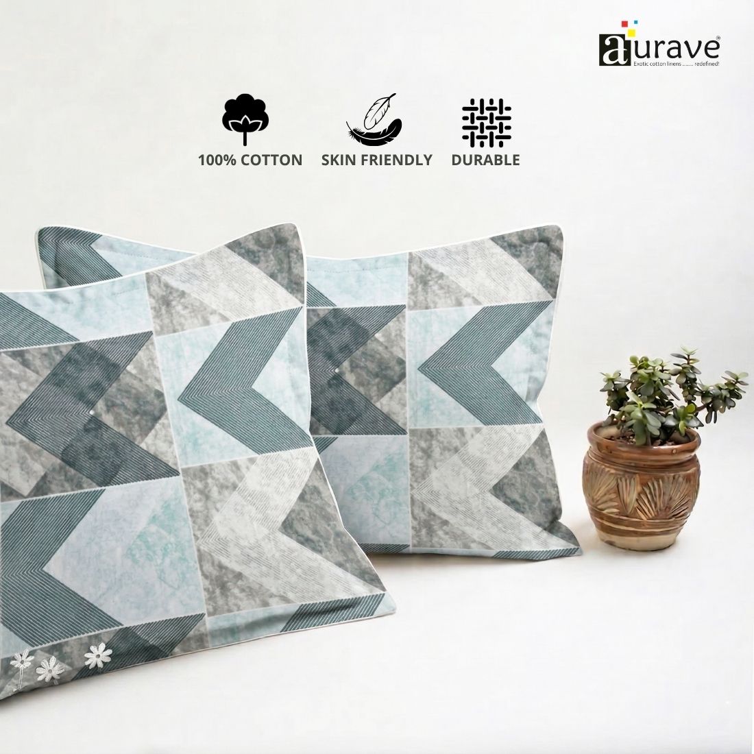 Printed Geometrical 2 Pcs Cotton Pillow Cover Set - Blue