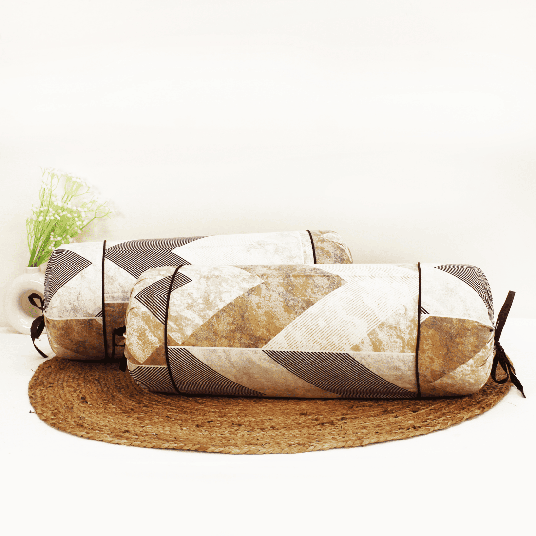 Printed Floral Cotton 2 Pcs Bolster Cover set - Brown