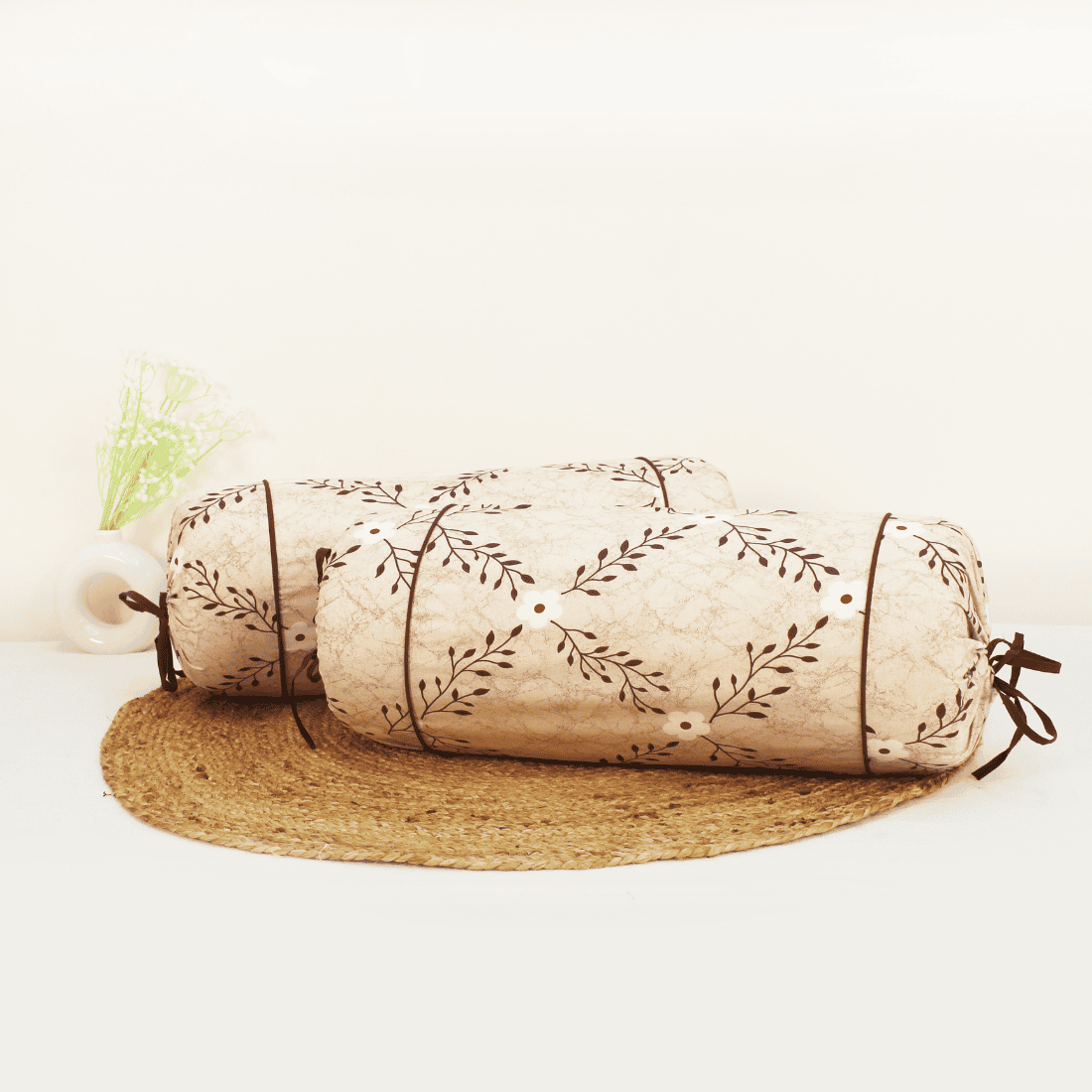 Printed Floral Cotton 2 Pcs Bolster Cover set - Coffee