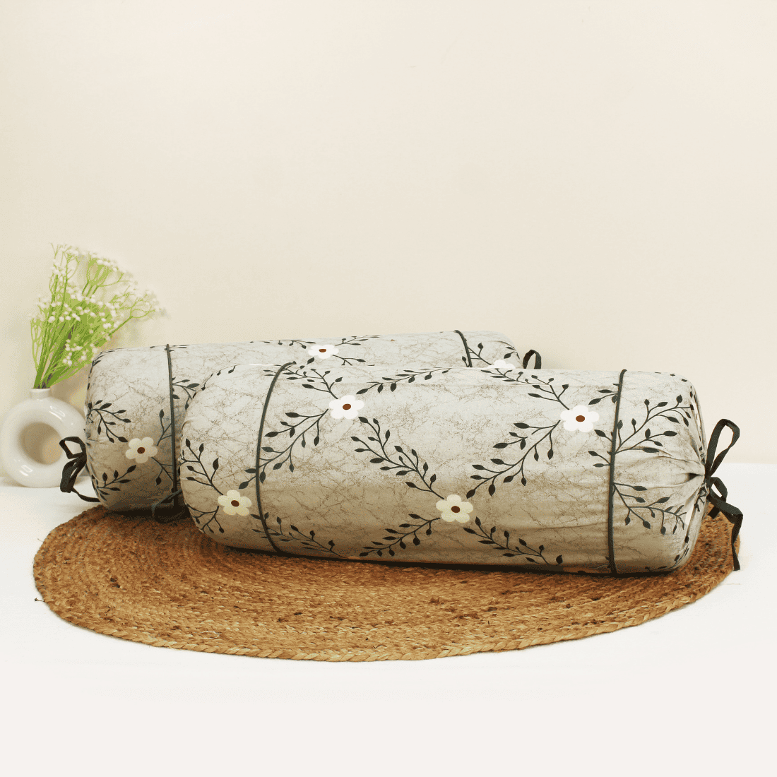 Printed Floral Cotton 2 Pcs Bolster Cover set - Grey