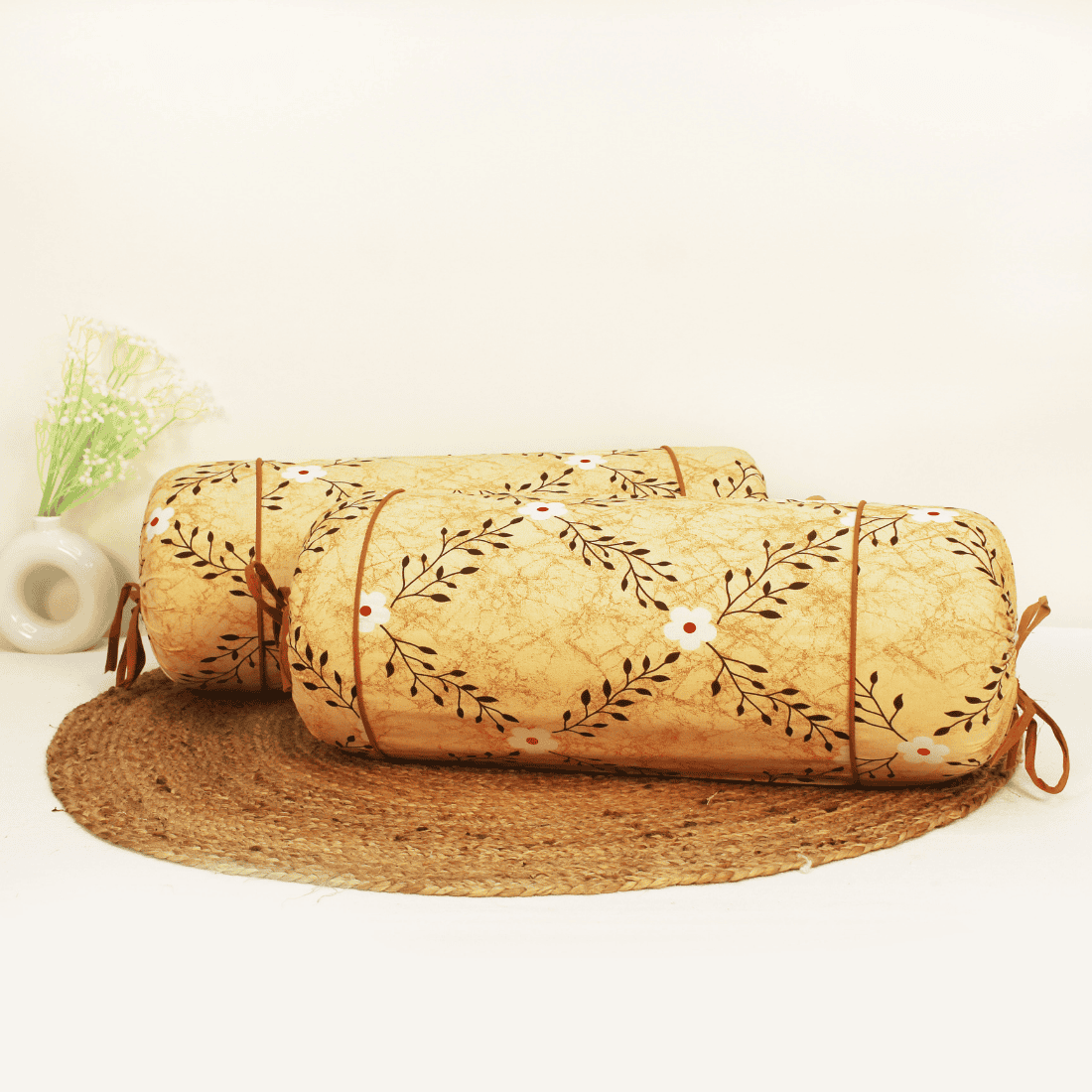 Printed Floral Cotton 2 Pcs Bolster Cover set - Yellow