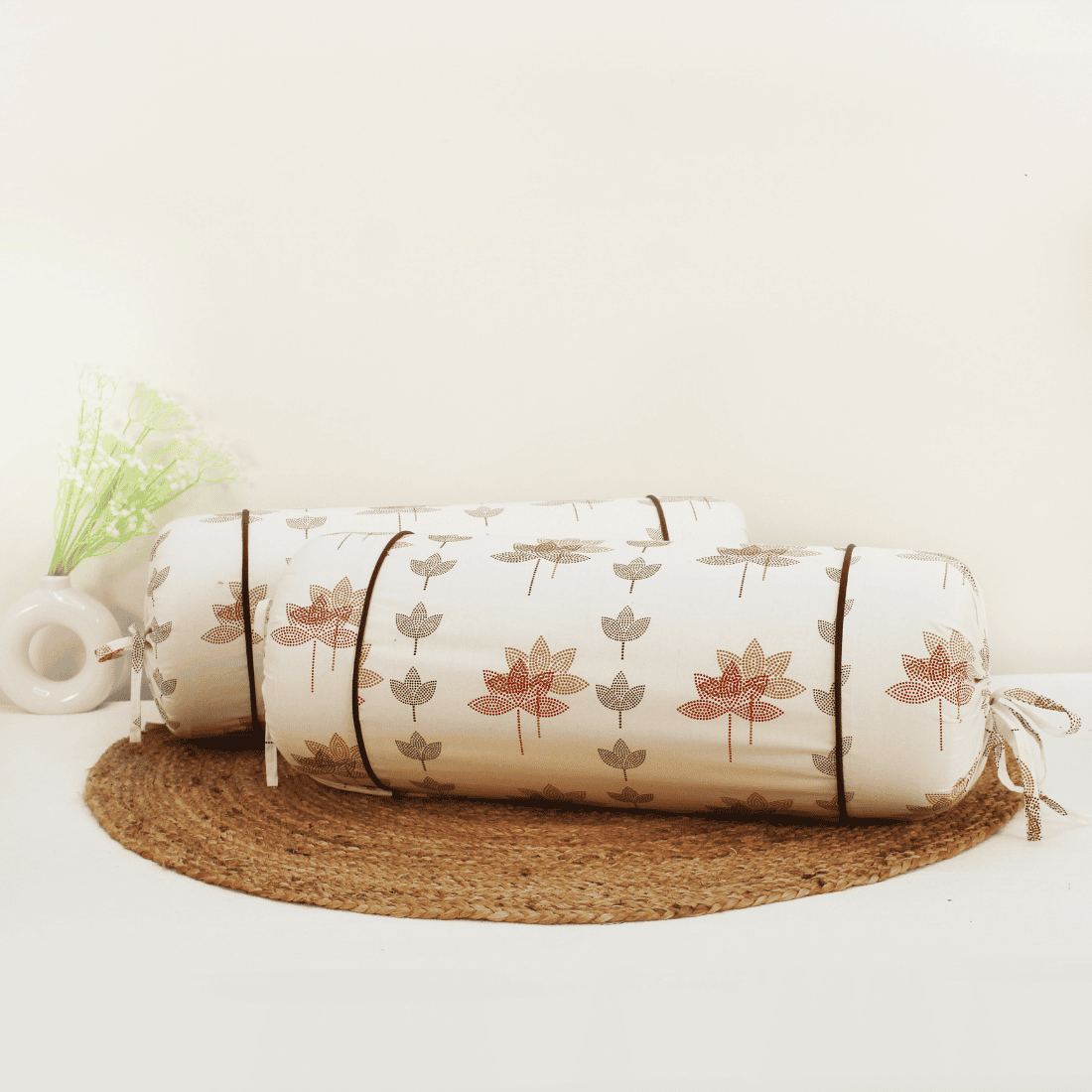 Printed Floral Cotton 2 Pcs Bolster Cover set - White