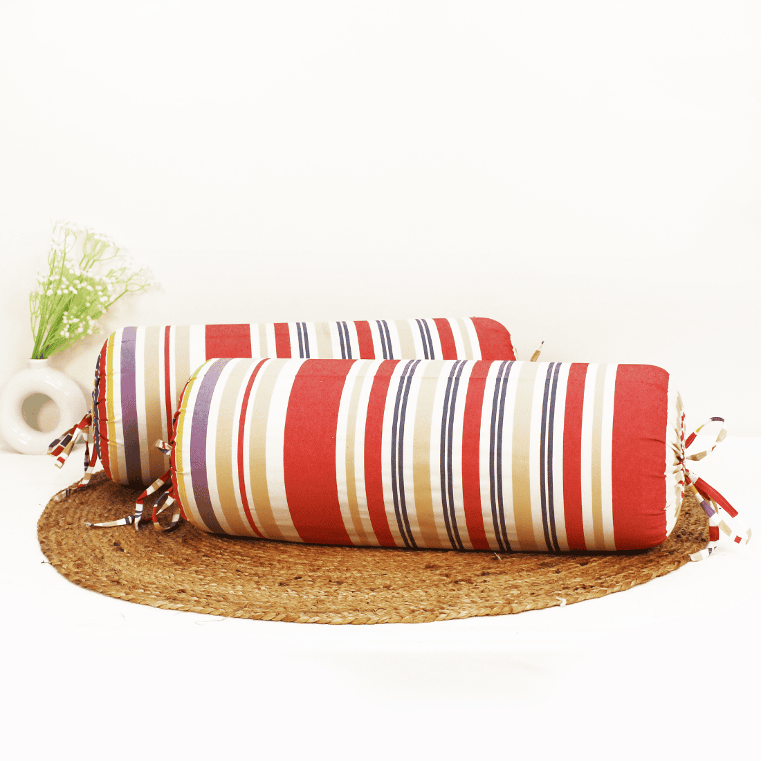 Printed Stripes Cotton 2 Pcs Bolster Cover set - Red