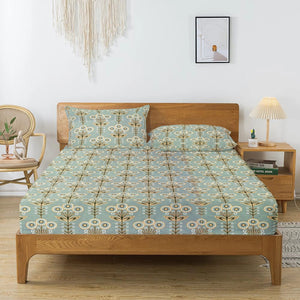 Printed Floral Cotton 144 TC Fitted Bedsheet with Pillow Covers - Green