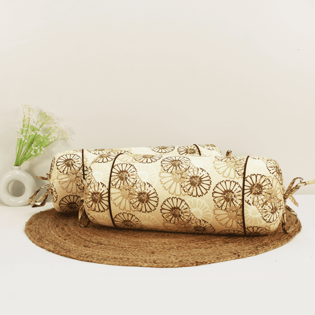 Printed Floral Cotton 2 Pcs Bolster Cover set - Brown