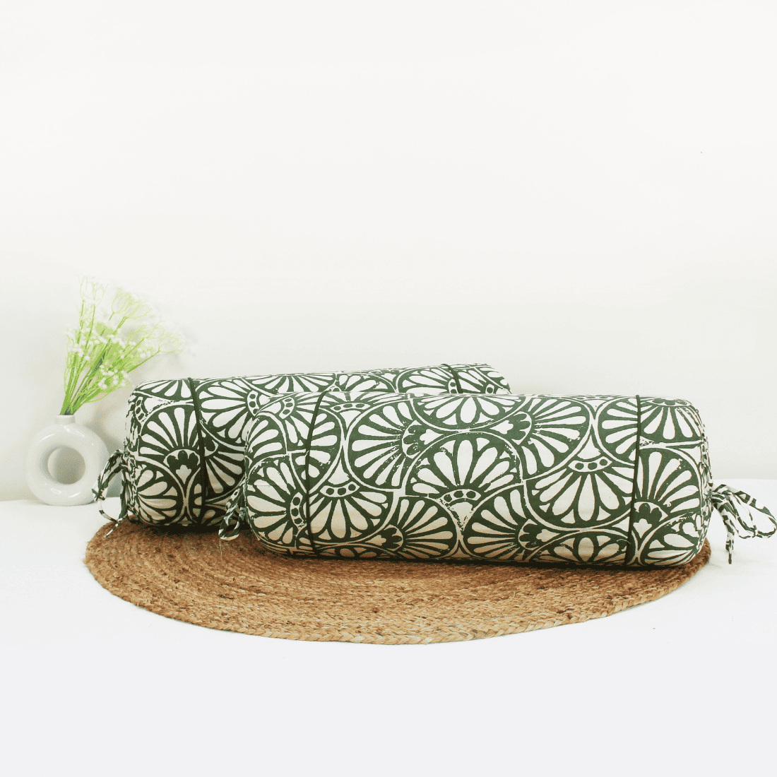 Printed Floral Cotton 2 Pcs Bolster Cover set - Green