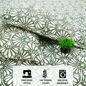 Close up Printed Floral Cotton 144 TC Fitted Bedsheet with Pillow Covers - Green
