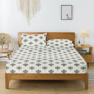 Printed Damask Cotton 144 TC Fitted Bedsheet with Pillow Covers - Blue
