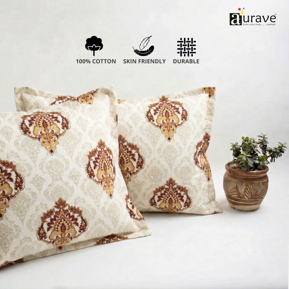 Printed Damask 2 Pcs Cotton Pillow Cover Set - Maroon