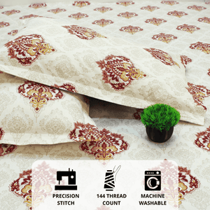 Close up[ Printed Damask Cotton 144 TC Fitted Bedsheet with Pillow Covers - Maroon