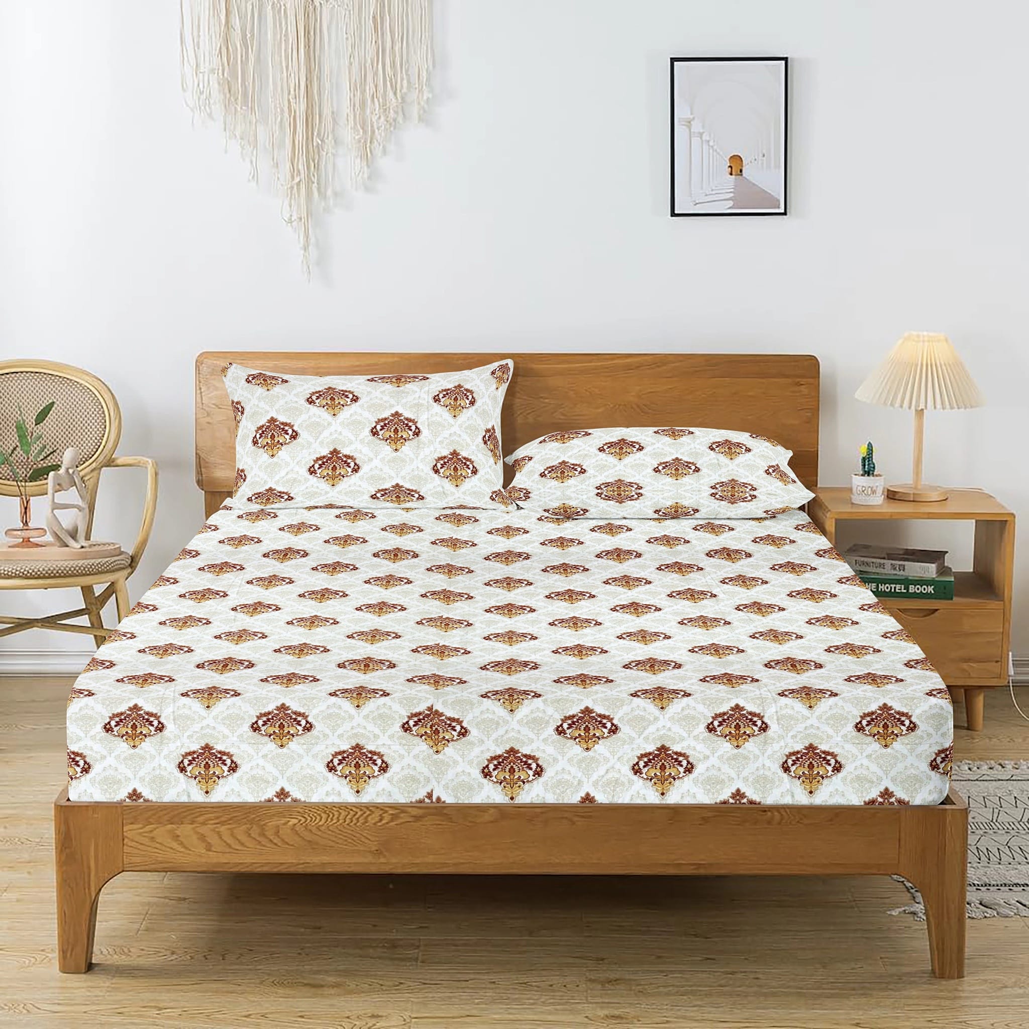 Printed Cotton Floral 144 TC Bedsheet with Pillow Covers - Maroon