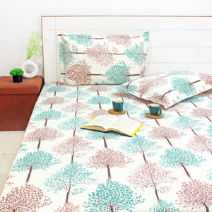 Printed Floral Cotton 144 TC Fitted Bedsheet with Pillow Covers - Multicolor