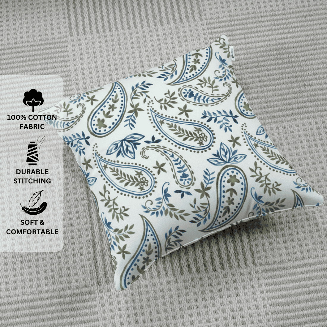 Printed Paisley Cotton Cushion Cover set - Blue
