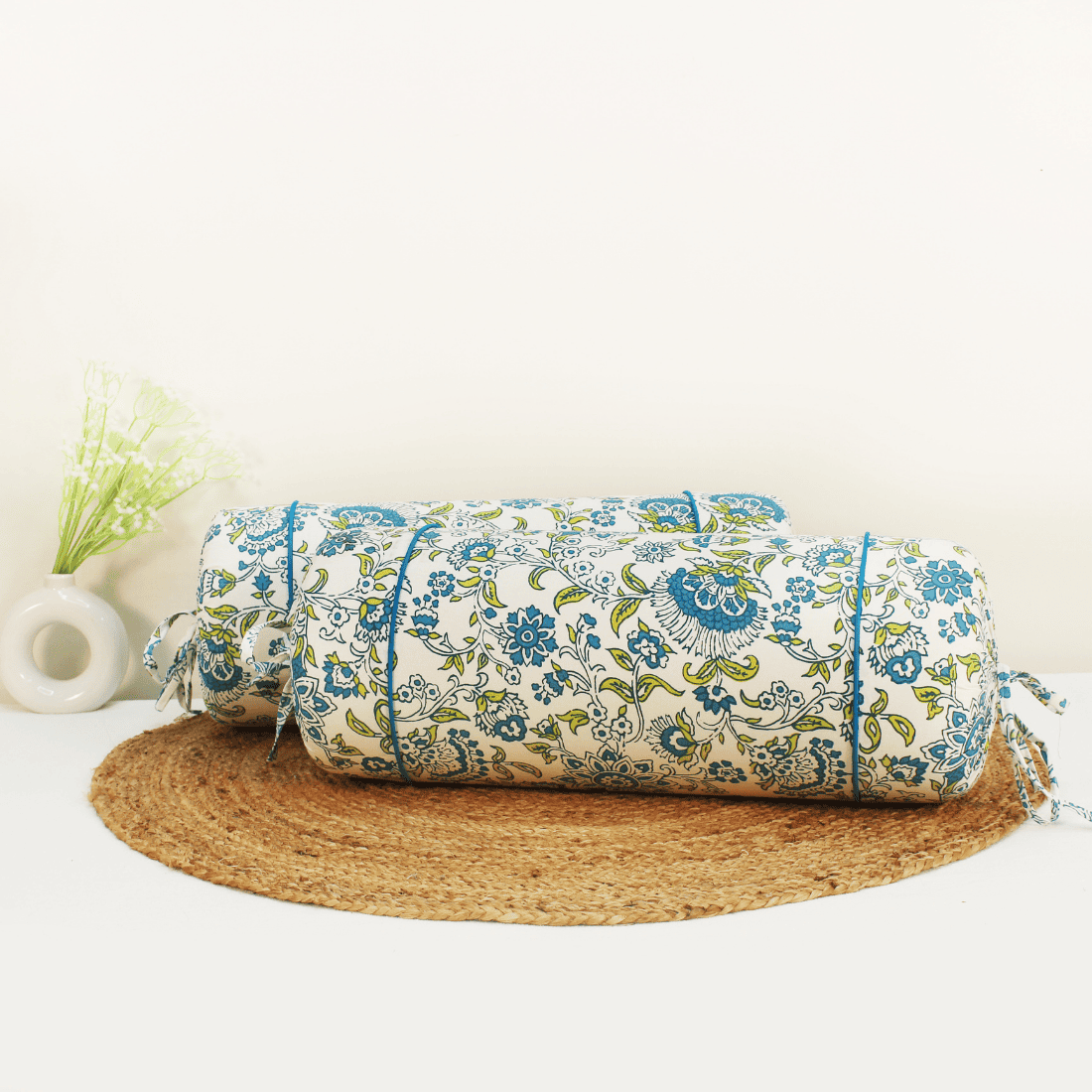 Printed Floral Cotton 2 Pcs Bolster Cover set - Blue