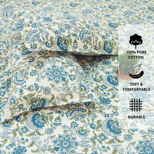 Close up Printed Floral Cotton 144 TC Fitted Bedsheet with Pillow Covers - Blue
