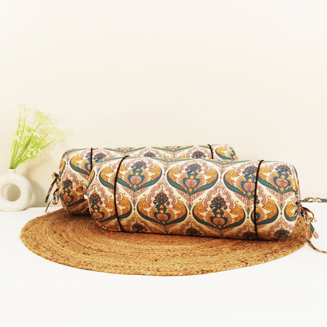 Printed Floral Cotton 2 Pcs Bolster Cover set - Mustard